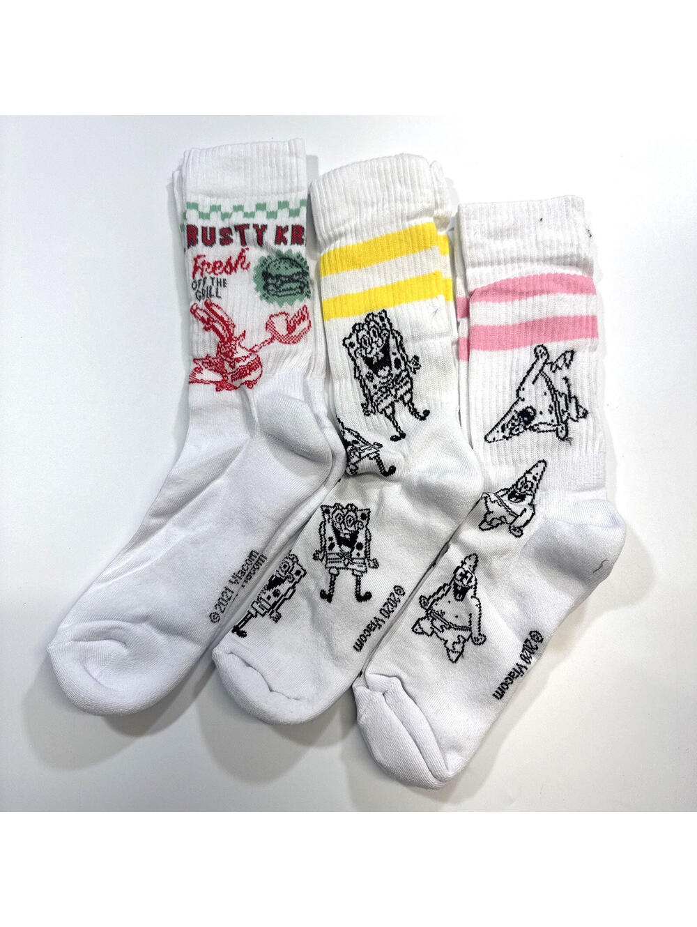 3 Pair Pack Bundle Spongebob Patrick Krusty Krab Crew Socks White Men Large 9-12